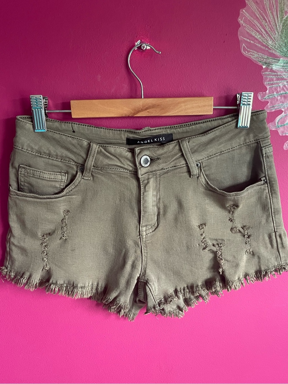 Angel Kiss Olive Green Frayed Denim Shortie